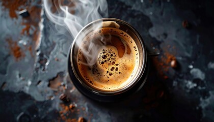 Steaming hot coffee in dark cup overhead Rich crema and froth Dark textured surface holds scattered beans and powder