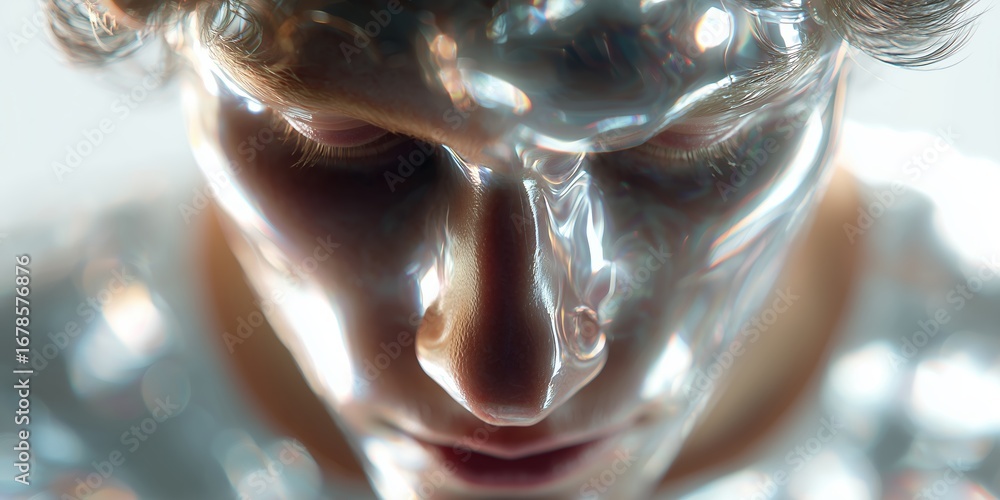 Poster Shimmering artistic expression captured in a close-up of a reflective figure with an ethereal appearance