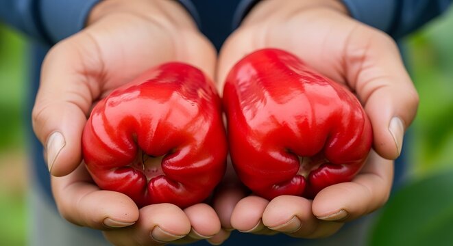 Close-up of Hands Holding Two Bright Red Wax Apples
