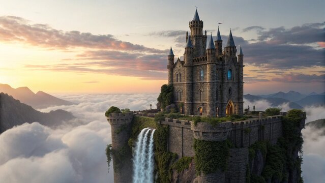 Floating Gothic Castle with Glowing Crystal Towers Above Clouds at Sunset - Powered by Adobe