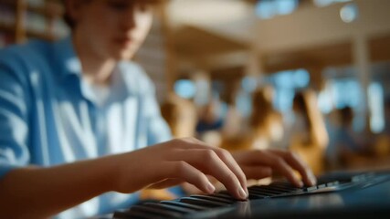A senior organizes books in a busy school library with shelves towering barcodes scanning study groups whispering at tables and a librarian sorting returns presented in a