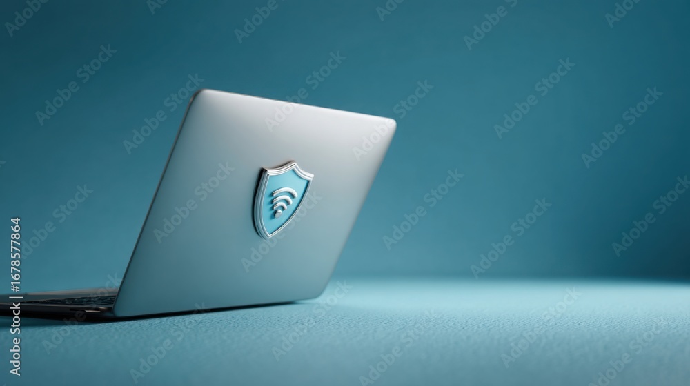Poster laptop featuring shield and wireless signal icon for secure wireless connectivity and digital protec