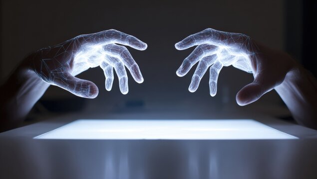 Two glowing hands reaching across a lit surface - Powered by Adobe