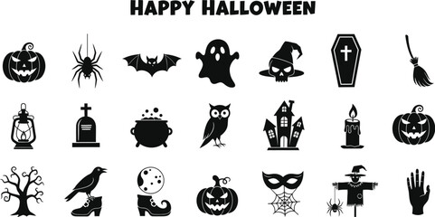 Collection of halloween icons, featuring pumpkins, spiders, bats, ghosts, witches, and other spooky elements