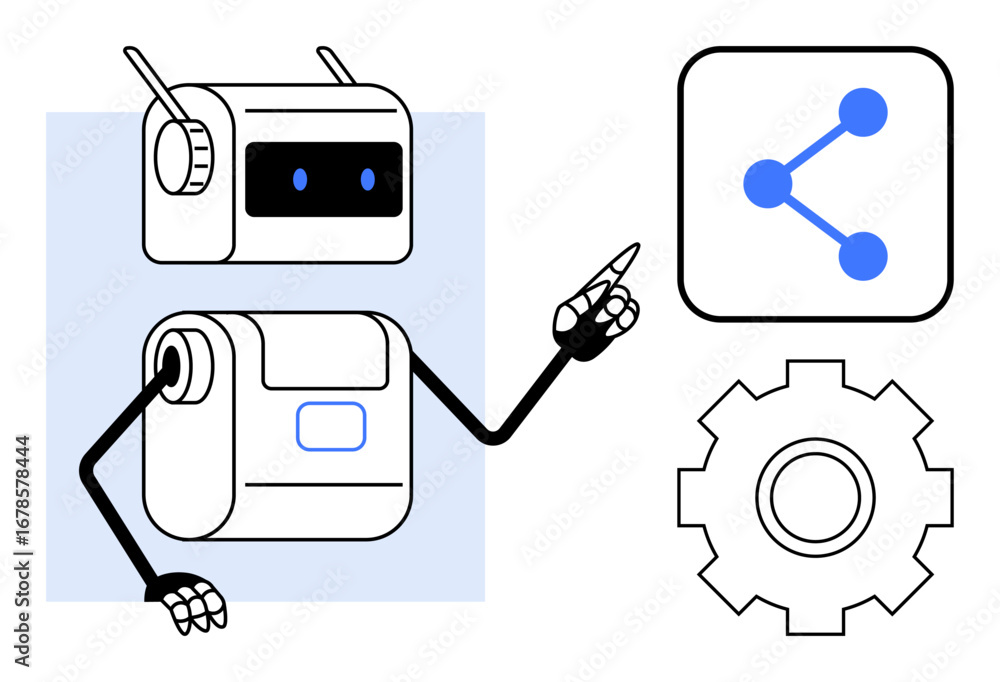 Poster robot gestures at a connection network icon with a gear symbol nearby. ideal for ai, automation, rob