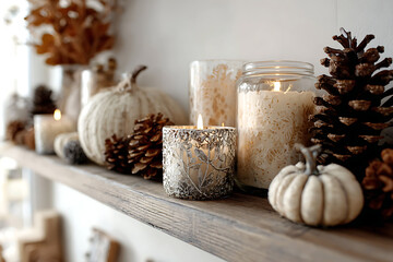 Cozy autumn decor featuring pumpkins, pinecones, and glowing candles creates warm, inviting seasonal ambiance for home styling.