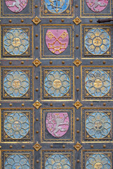 Basilica of St. Peter and St. Paul, decorative door on main facade, Prague, Czech Republic