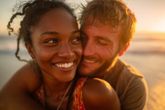 Happy couple embracing and smiling at sunset on the beach, sharing a joyful and intimate moment together