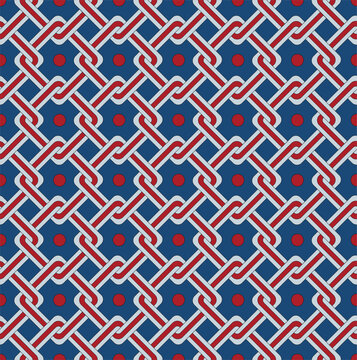 Abstract geometric lattice pattern with diagonal ribbon-like interwoven shapes and circular dot accents. Retro-inspired yet modern, suitable for wallpaper, textile prints, packaging, digital backdrops