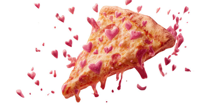 A cheesy pizza slice with hearts, dripping with sauce, surrounded by scattered hearts
