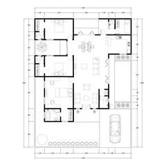 Architecture plan with furniture. home floor plan, isolated on white background, stock illustration.