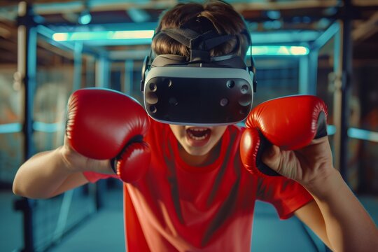 Young boy wearing boxing gloves and vr headset boxing in metaverse
