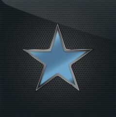 Metallic star emblem with glossy blue center on dark textured background. Futuristic design element for branding, logos, technology, or modern decoration.