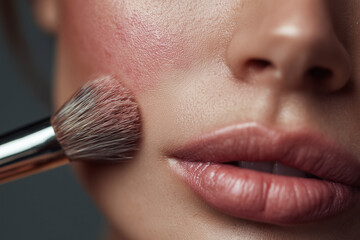 Close-up of a woman applying pink blush makeup on her cheek with a soft makeup brush