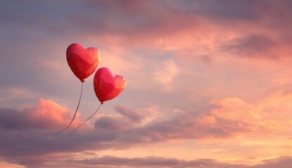 Two heart-shaped balloons float in a beautiful sunset sky (1)