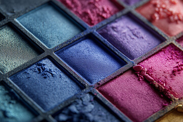 Fototapeta premium Close-up of vibrant and textured eyeshadow palette with various shades of blue, purple, and pink makeup powders