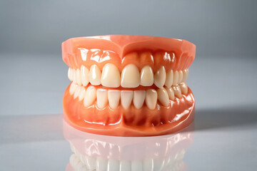 Obraz premium Full Set of Dentures on a Reflective Surface Dental Prosthetics for Tooth Replacement and Improved Oral Functionality