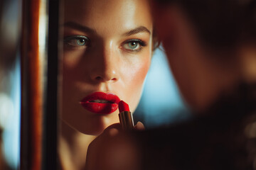 Close-up of a woman applying vibrant red lipstick in front of a mirror, highlighting beauty and makeup artistry
