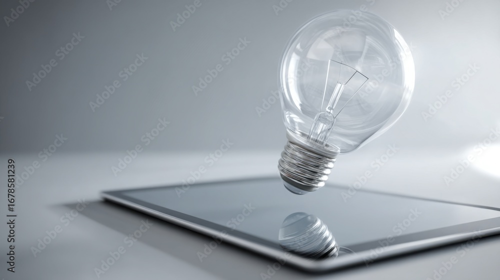 Poster conceptual light bulb orbiting above a tablet illustrating bright ideas and the intersection of tech