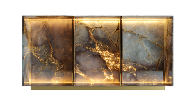 Illuminated golden marble panel, isolated on transparent background