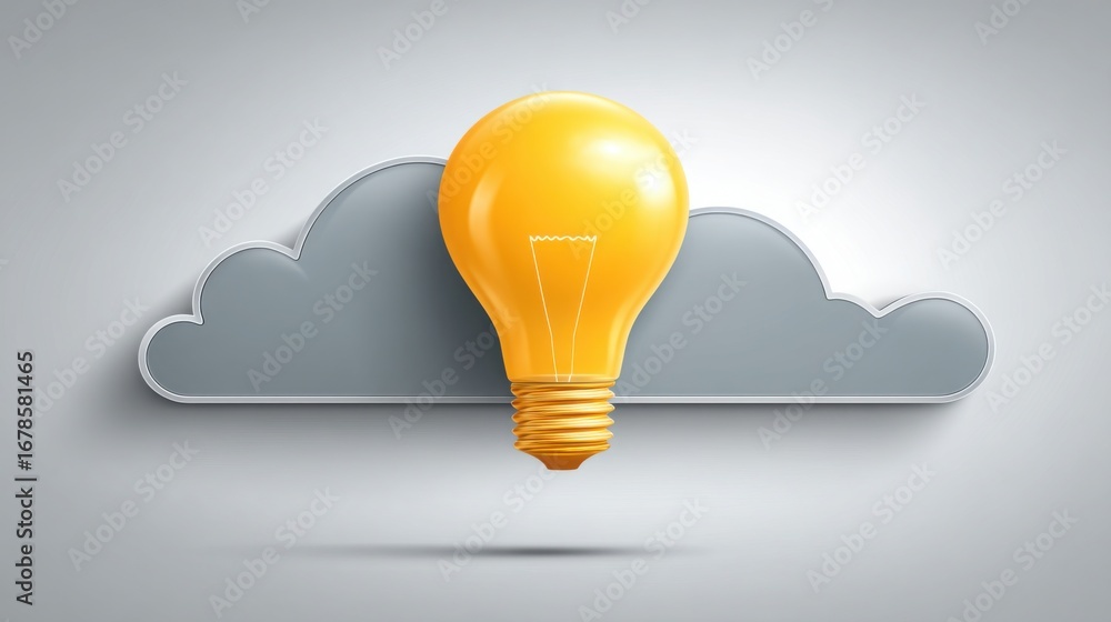 Poster conceptual image of a light bulb placed on a cloud representing enlightenment and new ideas in a dre