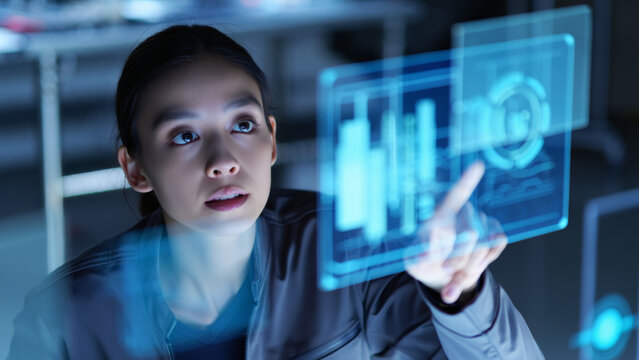 Young Asian woman interacting with a futuristic holographic interface, engaging with advanced technology and data visualization