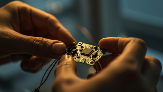 Hands holding and examining a small electronic circuit board with a microchip