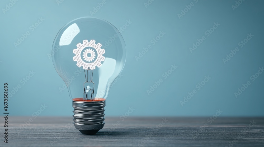 Poster visual representation of a light bulb containing a gear wheel inside symbolizing smart innovation an