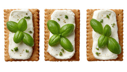 Three cheese crackers topped with basil