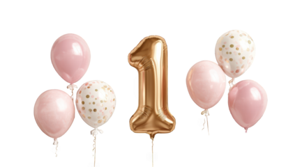 Gold number one surrounded by pink and white balloons