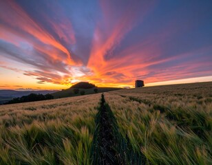 Panoramic sunset over a field of grain