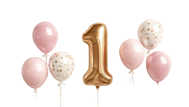 Gold number one surrounded by pink and white balloons