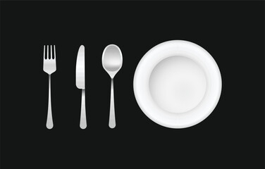 Silverware and plate on black background. Modern vector illustration of a fork, knife, spoon, and dish, perfect for restaurant menus, food blogs, or kitchen-related designs