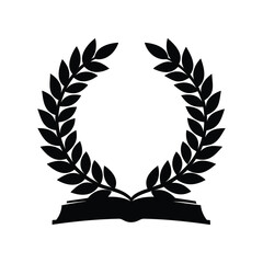 Laurel wreath and open book icon representing scholarship and academic achievement, laurel wreath book silhouette vector illustration