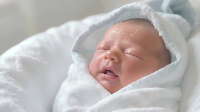 Adorable newborn baby peacefully sleeping while swaddled in a soft, clean white towel, embodying innocence and new life