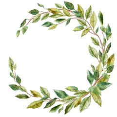 Naklejka premium Round natural frame of branch with lush green leaves. Watercolor illustration of leafy circular wreath in sickle shape. For flower shop, printing on postcards, greeting cards, business cards, etc