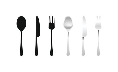 Black and silver cutlery set. This modern illustration features a spoon, knife, and fork in both silhouette and realistic styles on a clean white background. Perfect for elegant food-related projects