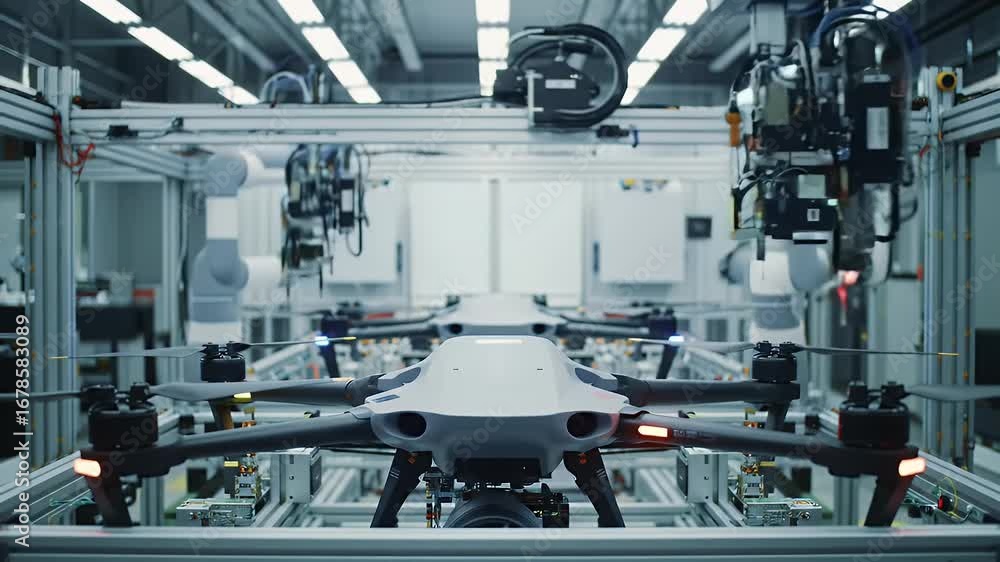 Poster autonomous drone workshop interior featuring rows of unmanned aerial vehicles under assembly by robo