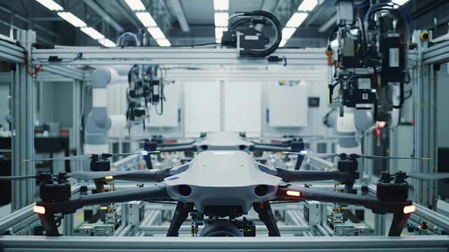 Autonomous Drone Workshop Interior Featuring Rows of Unmanned Aerial Vehicles Under Assembly by Robotic Arms in a White and Gray High Tech Machinery Setting Perfect for Adobe Stock