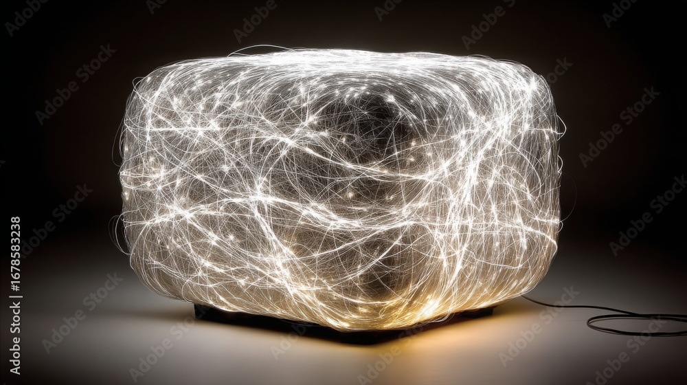 Poster glowing light on a table creating an intriguing visual of data connectivity forming a cube structure