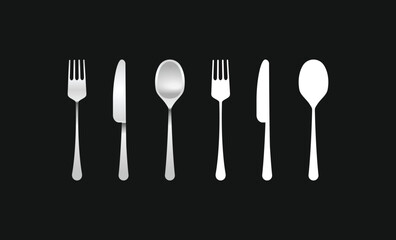 Modern fork, knife, and spoon set. This vector illustration showcases realistic silver and sleek white silhouettes of cutlery on a black background, perfect for a luxury restaurant or dining theme