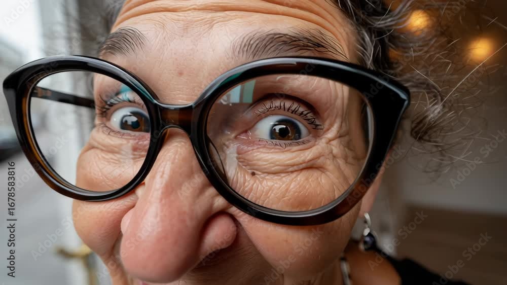 Poster woman with oversized glasses expresses surprise and curiosity, showcasing a playful facial expressio