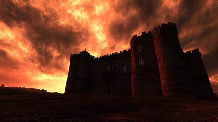 Fototapeta premium Epic Medieval Castle at Fiery Sunset Landscape