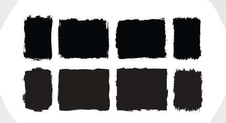 Eight abstract black textured rectangles, grunge style, design elements, vector illustration.