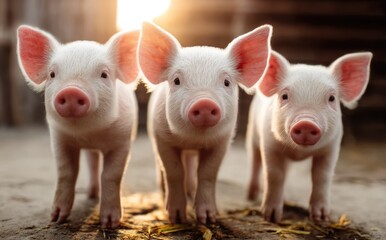 Three adorable piglets, facing forward, in a barn setting, bathed in warm sunlight