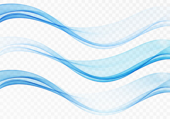 Three waves, transparent blue wave design element. Blue motion wave, smoky flow curve. Abstract waves set.