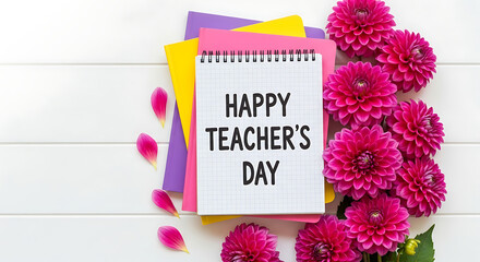 Happy Teachers Day greeting card and colorful books with vibrant dahlia flowers