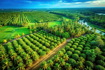 Naklejka premium Drone View Tropical Paradise: Lush Coconut & Papaya Plantations - Aerial Agriculture