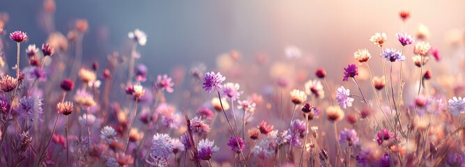 A field of wildflowers in soft pastel colors bathed in sunlight