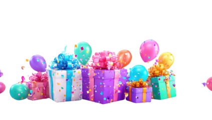 Colorful gift boxes and balloons with confetti